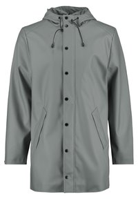 Grå vattentät jacka med huva, framknappar och två sidofickor. Slät textur med avslappnad passform och justerbar dragsko.
