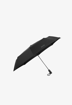 Black umbrella with a textured canopy, metallic frame, and a curved handle. Features the logo "BOSS" printed on one panel.