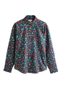 Camicia a maniche lunghe con bottoni, caratterizzata da uno sfondo blu navy con motivi invernali multicolori, realizzata in morbido tessuto di cotone.