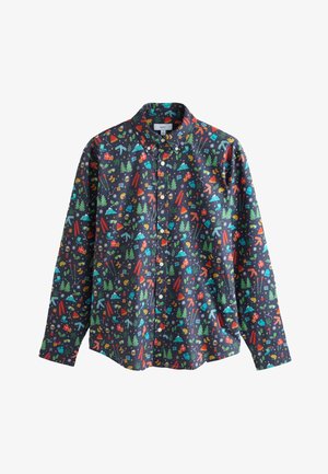 Långärmad skjorta med knappar, med marinblå bakgrund och flerfärgade vintermotiv, tillverkad av mjukt bomullstyg.