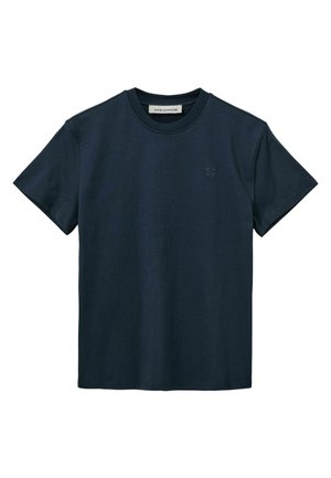 Marineblauwe katoenen T-shirt met een ronde hals en korte mouwen. Heeft een subtiele logo op de borst en een gladde, matte textuur.