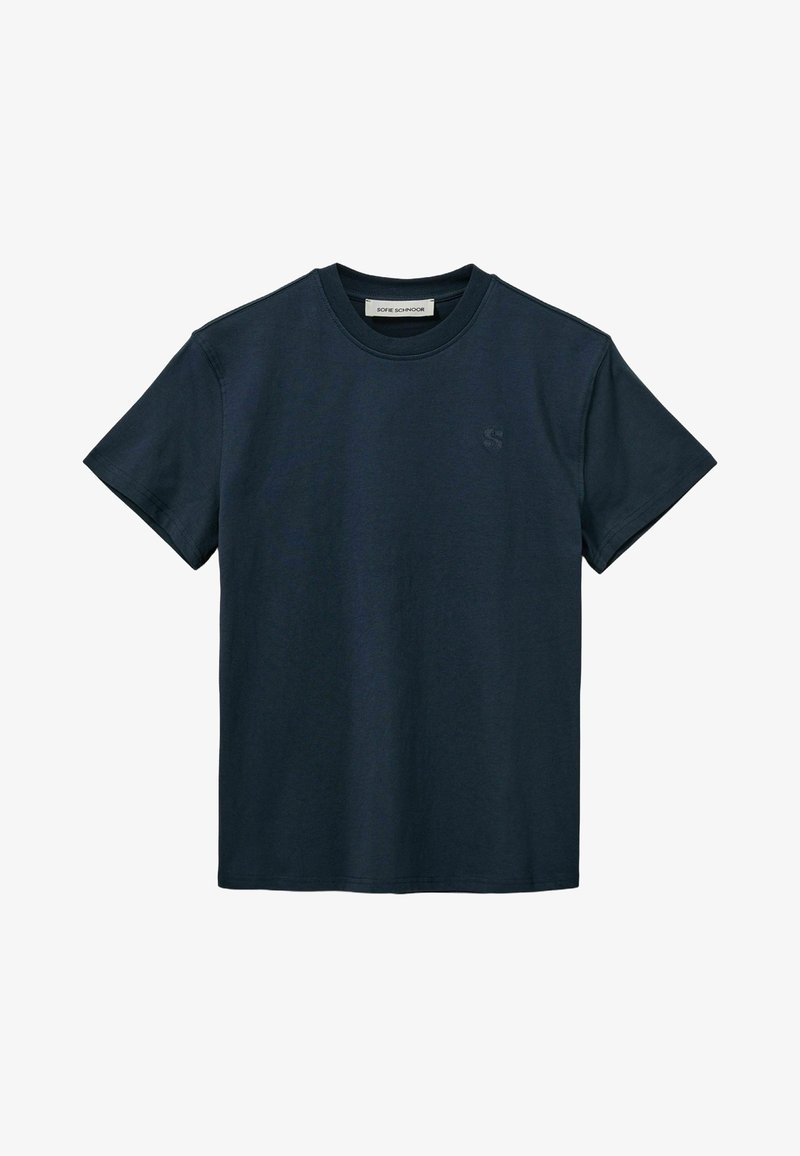 tums zilas kokvilnas T-krekls ar apaļu kakla izgriezumu un īsām piedurknēm. Tam ir smalka logo uz krūtīm un gluda, matēta tekstūra.