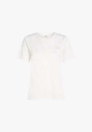 Kratke rokave, majica s šivanim ovratnikom v off-white barvi iz bombaža z diskretnim bež logotipom na prsih, ki se ponaša s gladko teksturo in preprostim dizajnom.