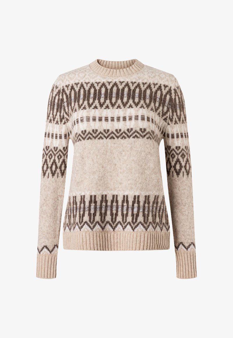 Beżowy sweter dziany z długimi rękawami i okrągłym dekoltem. Na piersi i dolnej części ciała widoczny jest ciemnobrązowy geometryczny wzór. Sweter ma ściągacze na mankietach i u dołu.