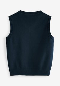 Tumesinine ilma varrukateta sviiter, millel on sileda kudumise tekstuur, ümmargune kaelus ja soonikuga äär. Lihtne, minimalistlik disain ilma kaunistusteta.