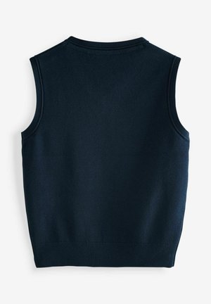 Merinotakki ilman hihoja tummansinisessä värissä, jossa on sileä neulepinta, pyöreä kaula-aukko ja ribbireunat. Yksinkertainen, minimalistinen muotoilu ilman koristeita.