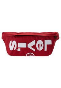 Sacchetto di stoffa rosso con design testuale bianco, dotato di chiusura lampo in alto. Il testo include elementi numerici e grafici. Materiale resistente.