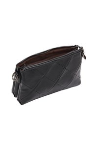 Borsa a pochette nera in pelle con un design trapuntato, due scomparti con zip e un accento in anello argento. Texture liscia e forma elegante.
