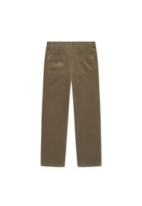 Pantalone od kordura u maslinastoj boji s ravnim krojem, opremljeni s dva stražnja džepa i s blagom rebrastom teksturom.