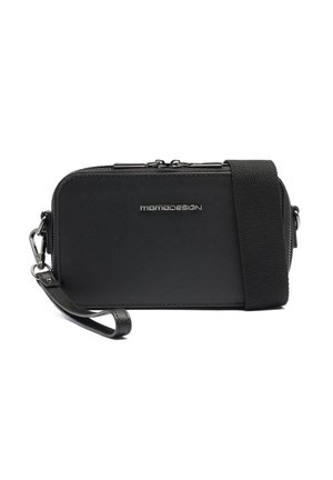 Borsa a tracolla rettangolare nera con due zip, tracolla staccabile e polsiera, con logo "MomoDesign" sul davanti.