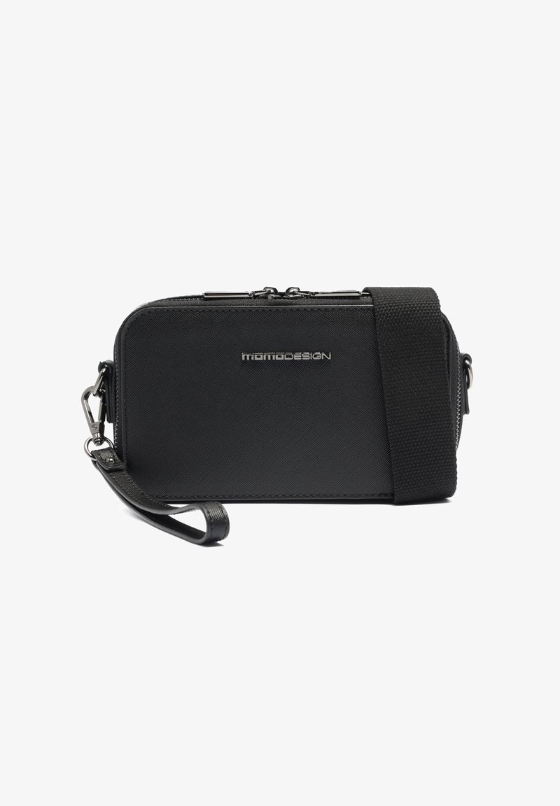 Borsa a tracolla rettangolare nera con due zip, tracolla staccabile e polsiera, con logo "MomoDesign" sul davanti.