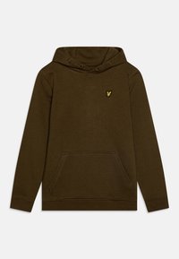 Haut de survêtement couleur kaki avec une poche avant, capuche réglable à cordon, poignets et bas côtelés, avec un petit logo jaune sur la poitrine.