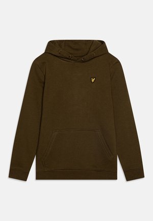 Khaki hoodie met een voorzak, verstelbare trekkoorden in de capuchon, geribbelde manchetten en onderrand, met een klein geel logo op de borst.