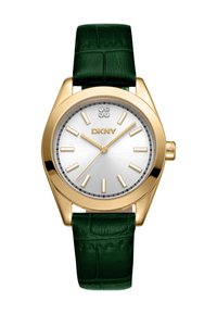 Gouden horloge met een zilveren wijzerplaat, een groene leren band met krokodillenpatroon en 3 kristalaccenten om 12 uur. Eenvoudige urenmarkeringen en wijzers.