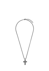 Metalen kruiszilver met een donkere afwerking, aan een fijne ketting. Het kruis heeft geometrische details; verstelbare kettinglengte voor een perfect passende fit.