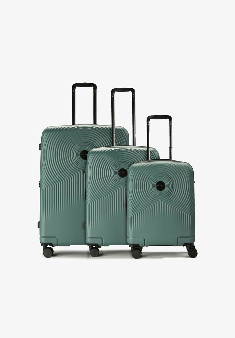 Drie teal kleur harde koffers met concentrische cirkelpatronen, zwarte telescopische handvatten en vier draaibare wielen, gerangschikt op grootte.