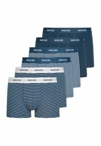Blue men's boxer briefs set, featuring solid colors and striped patterns. Soft fabric, elastic waistband with "SNOCKS" logo. Six pieces included.