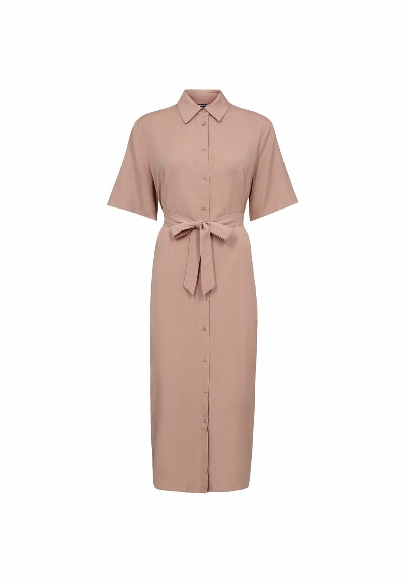 Vestido envolvente de color rosa claro con mangas cortas, cuello, botones en la parte delantera y cintura atada. Tela suave, hasta la rodilla, diseño sencillo sin estampados.