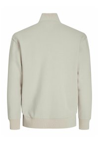 Šviesiai smėlio spalvos ilgomis rankovėmis megztinis su išraižytais rankogaliais, apačia ir aukšta apykakle, pavaizduotas iš nugaros ant paprasto balto fono.