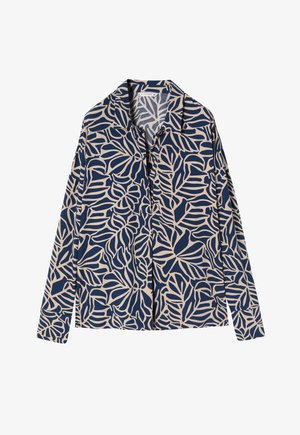 Sötétkék, hosszú ujjú ing krém színű virágmintával, gallérral és laza fazonnal, könnyű anyagból készült.