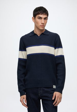 Junger Mann trägt einen marineblauen Pullover mit weißem horizontalem Streifen und dunkle Jeans vor einem einfarbig weißen Hintergrund.
