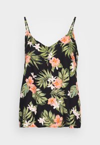 Camisola preta com padrão floral, apresentando flores vibrantes em rosa e branco com folhas verdes, alças ajustáveis e um detalhe de botão no decote.