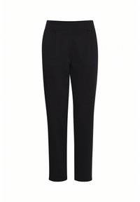 Black tailored trousers with a smooth texture, featuring a fitted waistband and two front pleats, tapering towards the ankle.