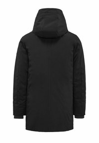 Giubbotto isolato nero con cappuccio, caratterizzato da una vestibilità dritta, maniche lunghe e polsini elasticizzati. Esterno liscio senza hardware visibili.