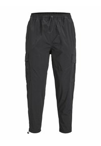 Pantaloni cargo neri con vita elastica, cordoncino, gambe affusolate e diverse tasche laterali. Tessuto leggero e resistente all'acqua.