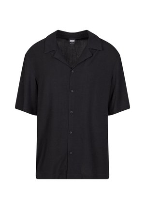 Short-sleeve black shirt made of lightweight fabric, featuring a button-down front, spread collar, and relaxed fit with versatile styling.