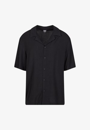 Zwart shirt met korte mouwen, gemaakt van lichtgewicht stof, met een knopenlijst aan de voorkant, een gespreide kraag en een relaxte pasvorm voor veelzijdige styling.