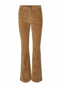 Brown corduroy flared pants with a soft texture, featuring a front button, five pockets, and subtle vertical ribbing.