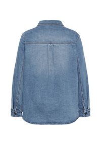 Džinsa jaka gaiši zilā krāsā ar garām piedurknēm, apkakli, aizmugurējo krokas detaļu un iespraudpogas piedurkņu aprocēs.