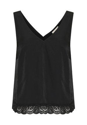Black sleeveless top with a V-neckline, featuring a lace trim at the hem and a smooth texture, made from lightweight fabric.