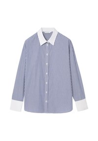 Camicia a maniche lunghe a righe con strisce verticali blu e bianche, colletto bianco e polsini bianchi.