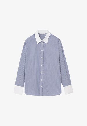 Gestreiftes Hemd mit Knopfleiste, das blaue und weiße vertikale Streifen, einen weißen Kragen und lange Ärmel mit weißen Manschetten aufweist.