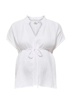 White loose-fit maternity blouse with short sleeves, V-neck, and adjustable drawstring tie below the bust.