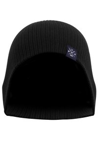Black knitted beanie with a ribbed texture, featuring a small blue patch with a logo. The design is slouchy with a wide opening.