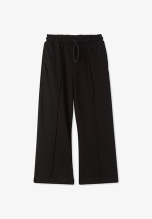 Czarne spodnie dresowe z elastycznym pasem, sznurkiem do regulacji oraz szerokimi nogawkami. Gładka tkanina z czystymi szwami, bez widocznych wzorów.