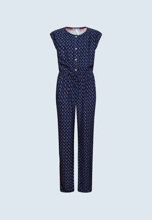 Granatowy kombinezon bez rękawów z białym i czerwonym wzorem w romby, zapinany na guziki z przodu, z elastycznym pasem i prostymi nogawkami.