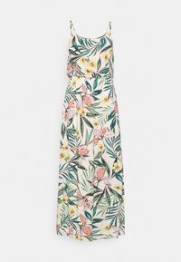 Sleeveless maxi dress with thin straps, white base, and tropical floral pattern in green, pink, and yellow hues.