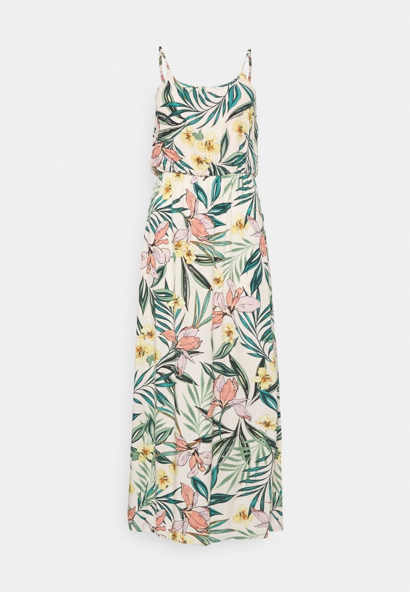 Sleeveless maxi dress with thin straps, white base, and tropical floral pattern in green, pink, and yellow hues.