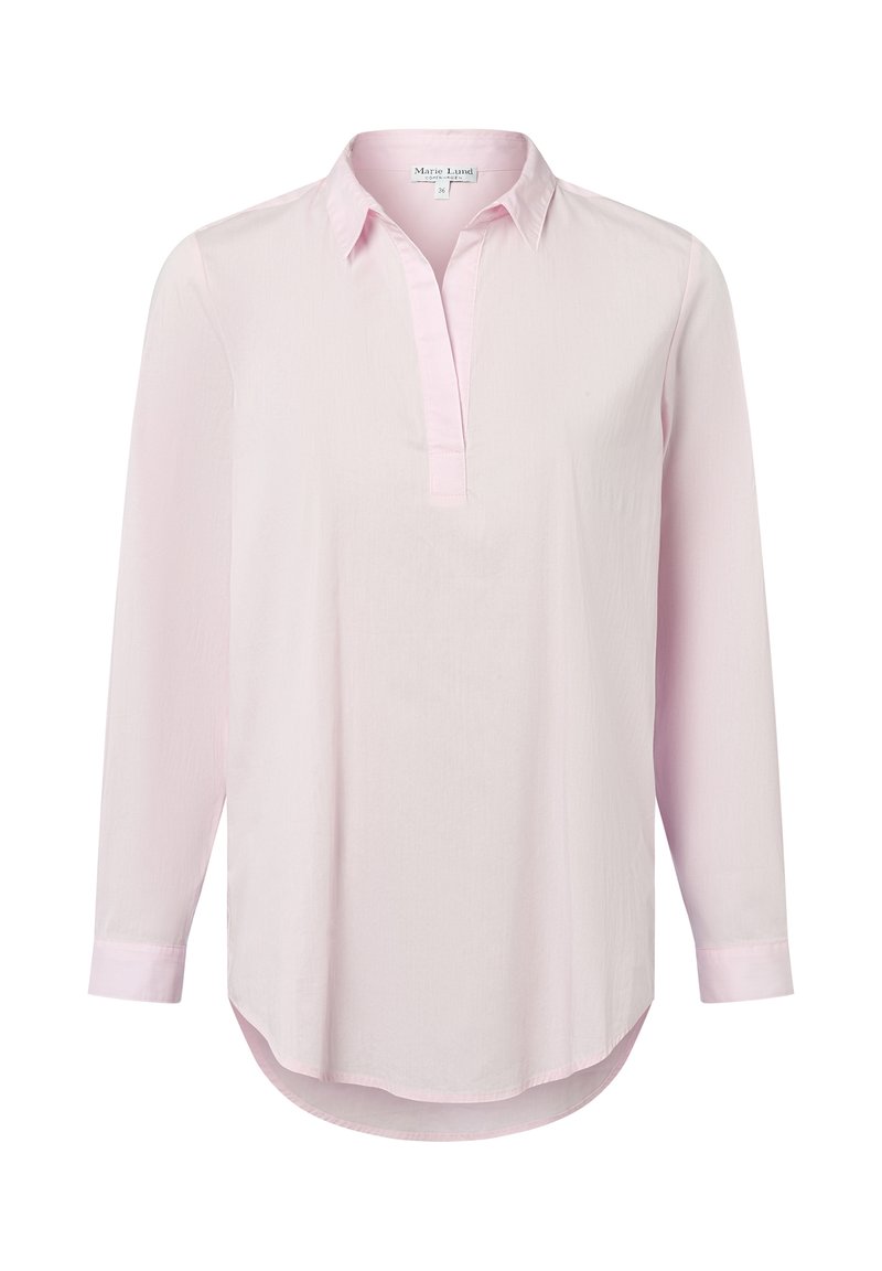 Blusa lunga rosa chiaro a maniche lunghe con colletto e scollatura a V, orlo curvo e polsini con bottone.