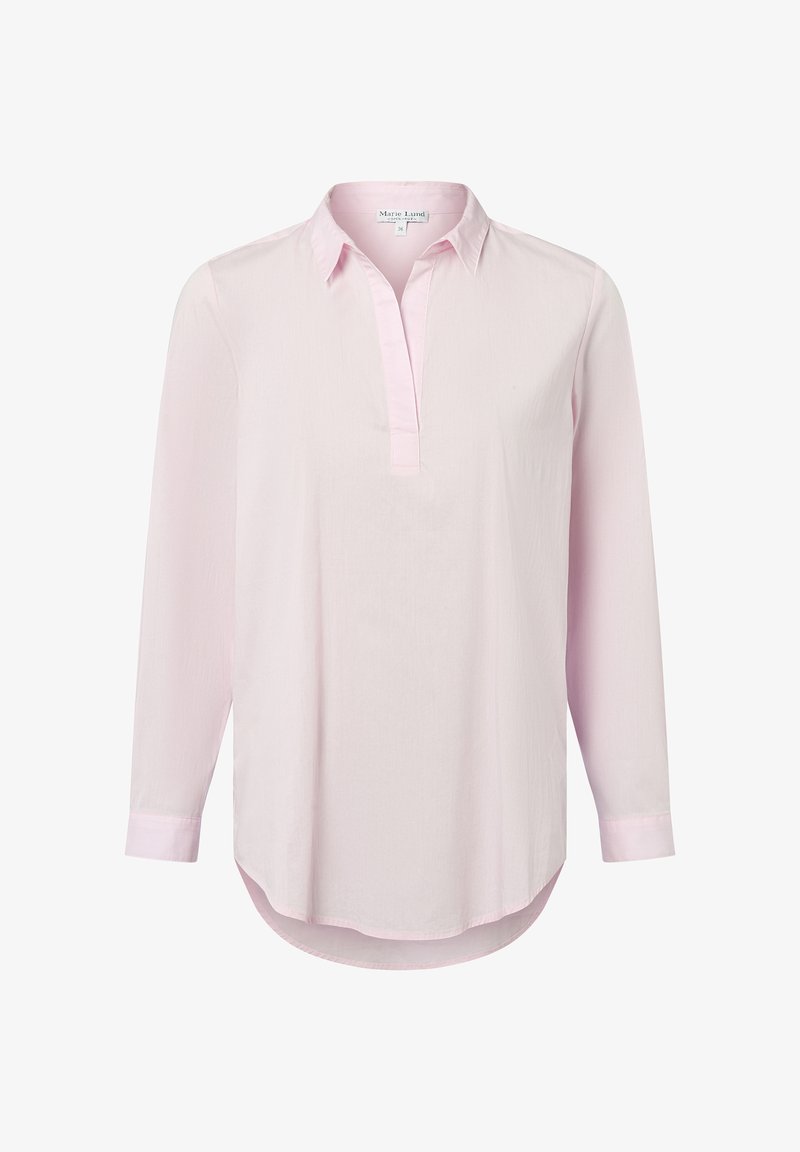 Blusa lunga rosa chiaro a maniche lunghe con colletto e scollatura a V, orlo curvo e polsini con bottone.