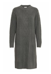 Strickkleid in Dunkelgrau mit strukturiertem Rippmuster, diamantförmigen und vertikalen Mustern, langen Ärmeln und rundem Halsausschnitt.