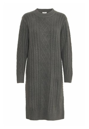 Sötét szürke kötött pulóverruha, bordázott textúrával, gyémánt- és függőleges mintával, hosszú ujjakkal és kerek nyakkivágással.