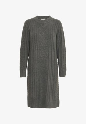 Stickad klänning i mörkgrått med ribbad textur och diamant- samt vertikala mönster, långa ärmar och rund halsringning.