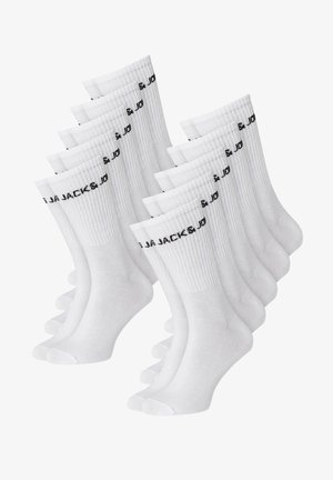 Weiße Baumwoll-Sportsocken, gerippte Textur, knöchelhoch, mit schwarzem Schriftzug "JACK & JONES" am Bund. Packung mit zehn Paaren.