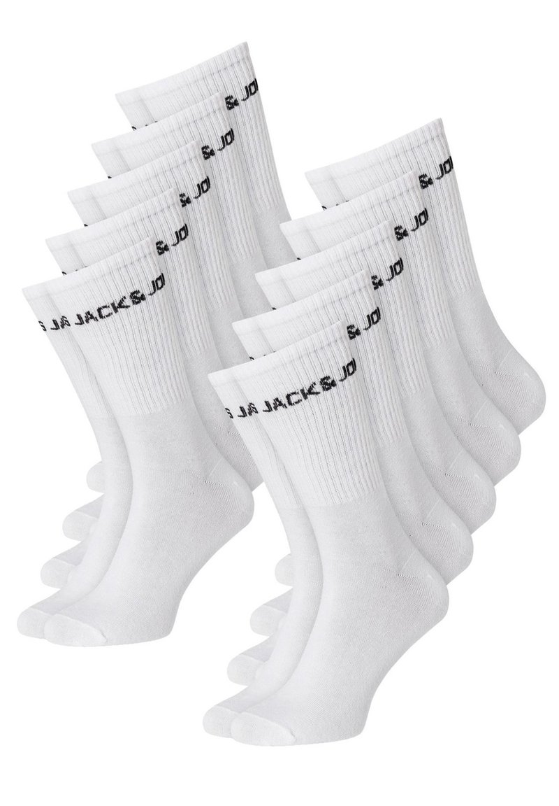 White cotton sports socks, ribbed texture, ankle-length, featuring black text "JACK & JONES" on the cuff. Pack of ten pairs.