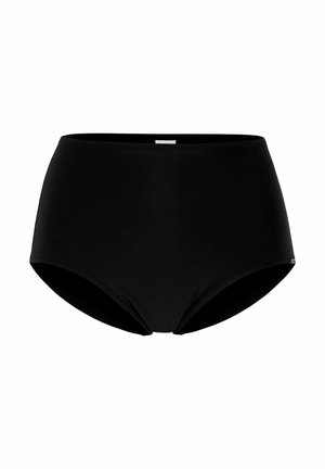 Höga svarta bikiniunderdelar i mjukt tyg, med en klassisk stil och måttlig täckning utan synliga detaljer eller mönster.